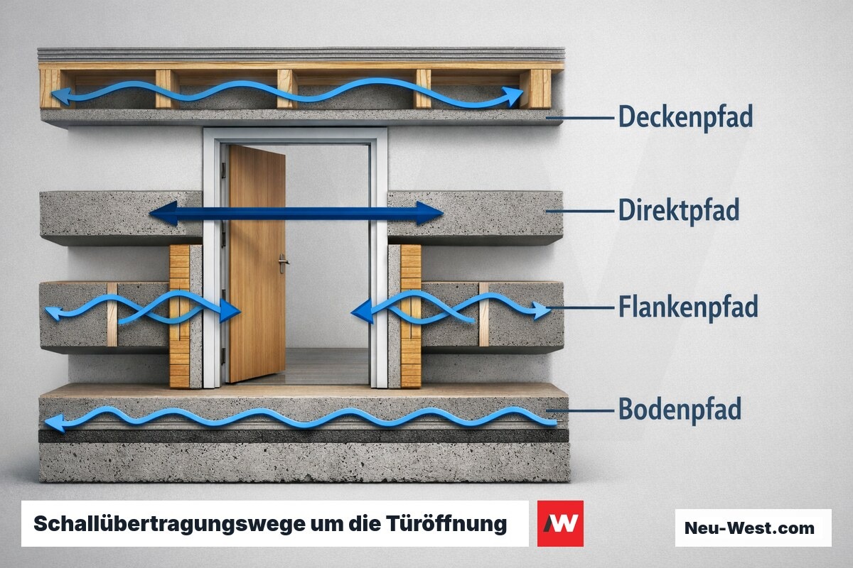Schallübertragungswege um die Türöffnung: Direkt-, Flanken-, Boden- und Deckenpfad – Erklär-Grafik (NEUWEST Berlin)