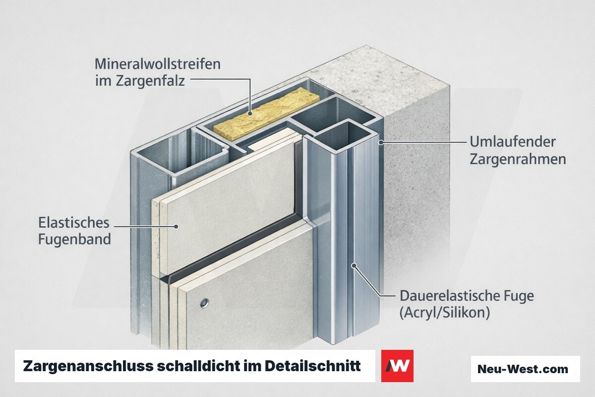 Detailschnitt eines schallgedämmten Zargenanschlusses an eine Trockenbauwand mit Mineralwolle im Zargenfalz, Fugenband und dauerelastischer Anschlussfuge.