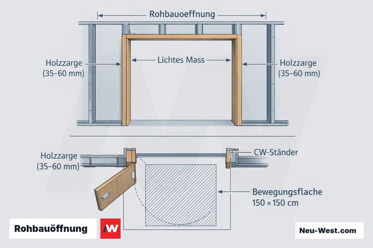 Erklär-Grafik einer Trockenbau-Türöffnung: Rohbauöffnung, lichtes Maß, beidseitige Holzzarge und Bewegungsfläche 150×150 cm nach DIN 18040-2.