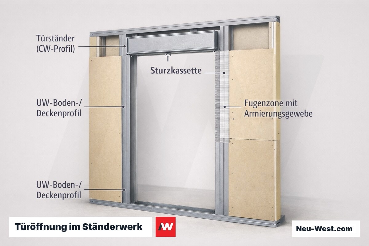 Querschnitt einer Trockenbauwand mit nachträglicher Türöffnung: Türständer, UW-Profile, Sturzkassette und armierte Fugenzone zwischen alter und neuer Beplankung.