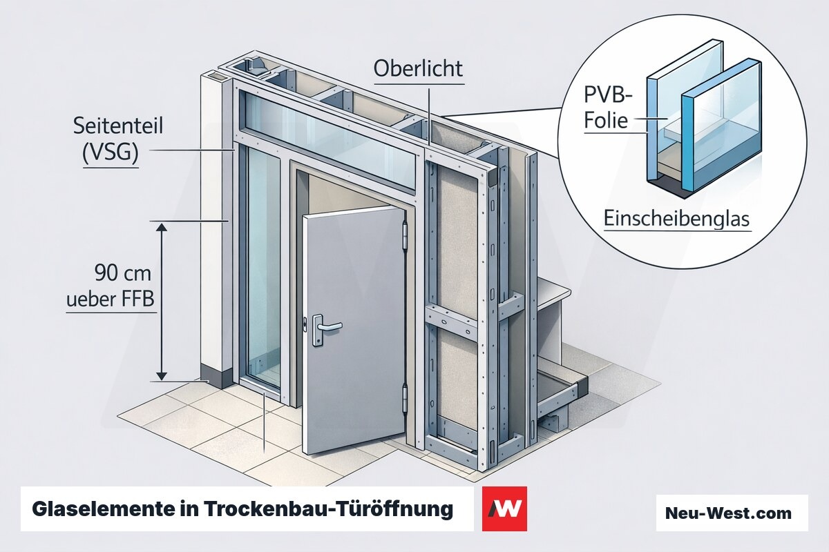 Cutaway einer Trockenbauwand mit Tür, Seitenteil und Oberlicht aus VSG, PVB-Folie und 90-cm-Höhenmarke über Fertigfußboden.
