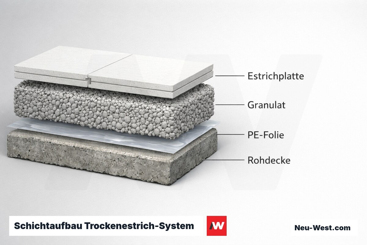 Schichtaufbau Trockenestrich-System mit Maßangaben – Erklär-Grafik (NEUWEST Berlin)