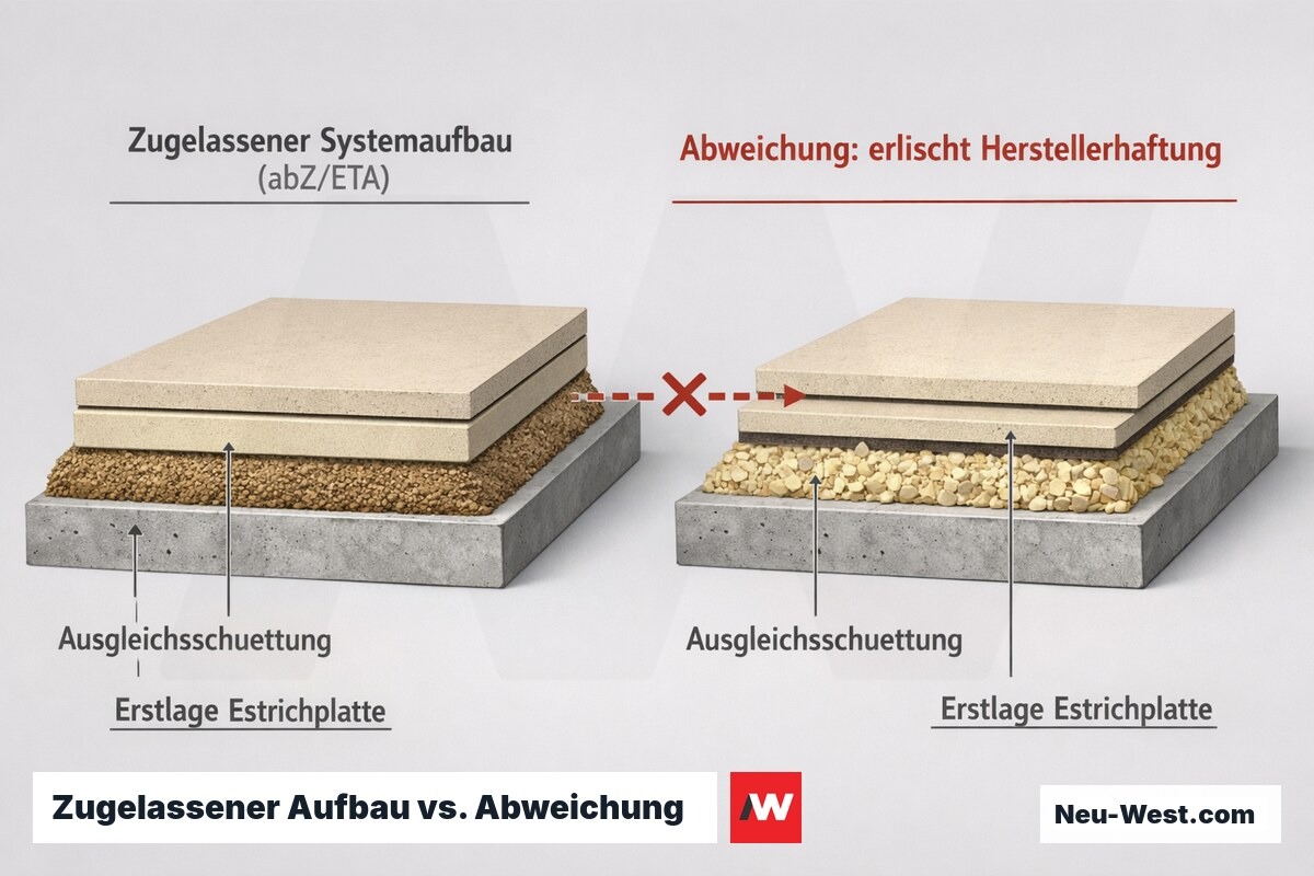 Querschnitt-Vergleich: zugelassener Systemaufbau laut abZ neben abweichendem Aufbau mit anderer Schüttung und Plattendicke, der die Herstellerhaftung aufhebt.