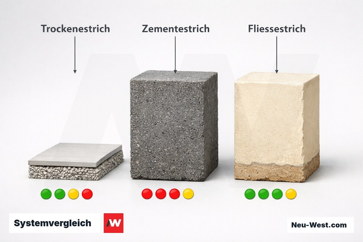 Systemvergleich: Trockenestrich, Zementestrich, Calciumsulfat-Fliessestrich – Erklär-Grafik (NEUWEST Berlin)