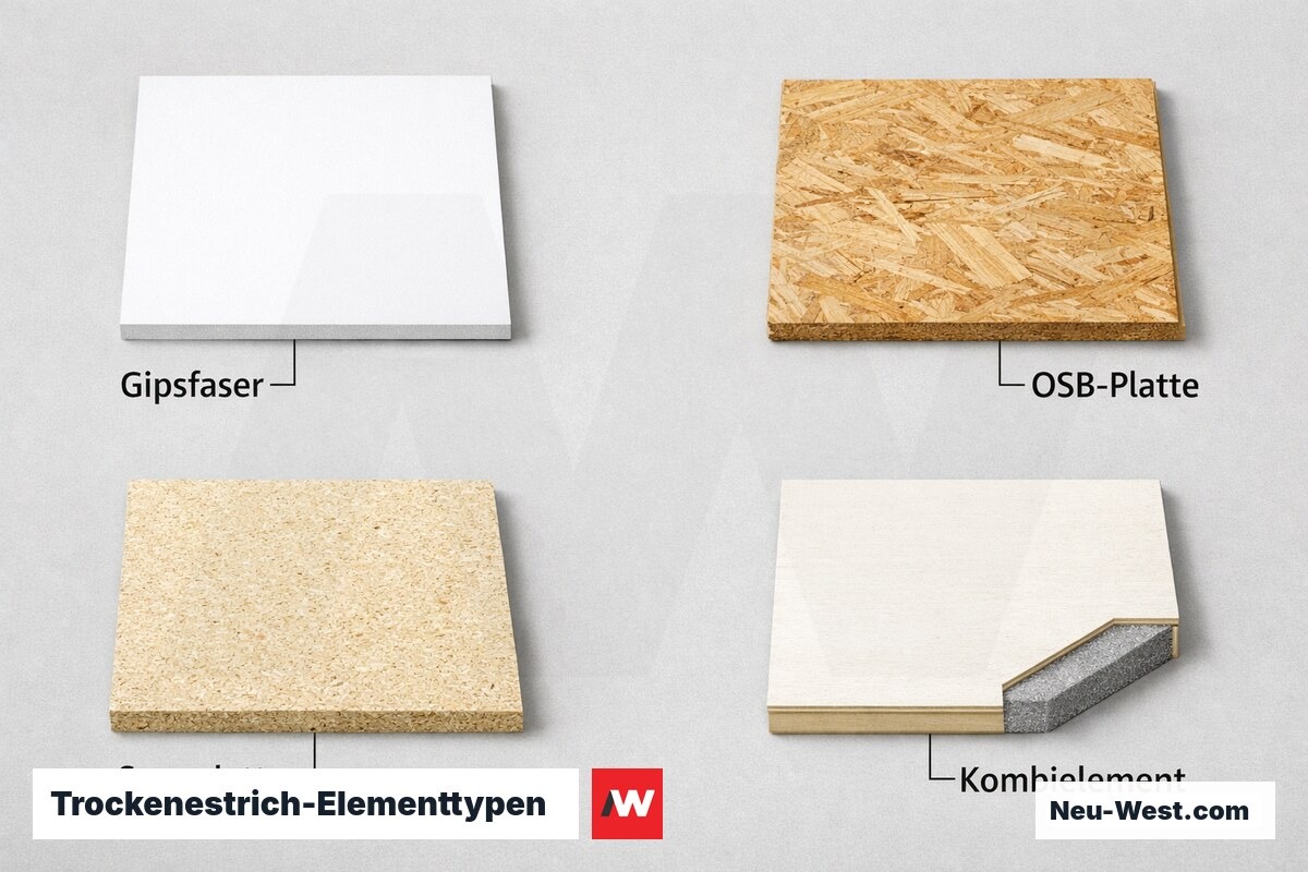 Trockenestrich-Elementtypen: GFP, OSB, Spanplatte, Kombielement – Erklär-Grafik (NEUWEST Berlin)