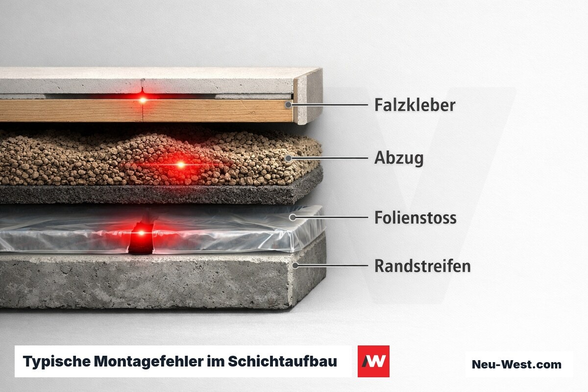 Typische Montagefehler im Schichtaufbau mit Schadensort – Erklär-Grafik (NEUWEST Berlin)