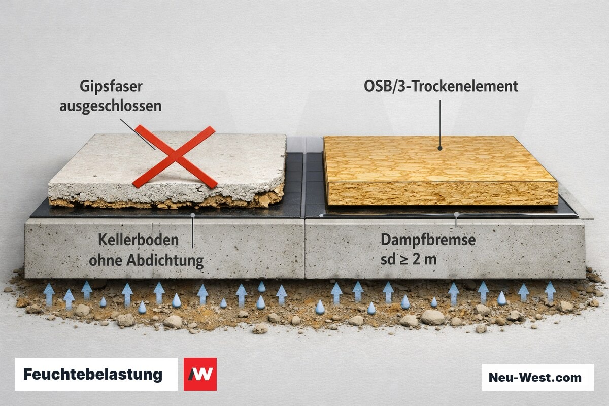 Querschnitt eines nicht abgedichteten Kellerbodens: aufsteigende Feuchte, ausgeschlossenes Gipsfaser-Element und zulässiges OSB/3-Element mit Dampfbremse.
