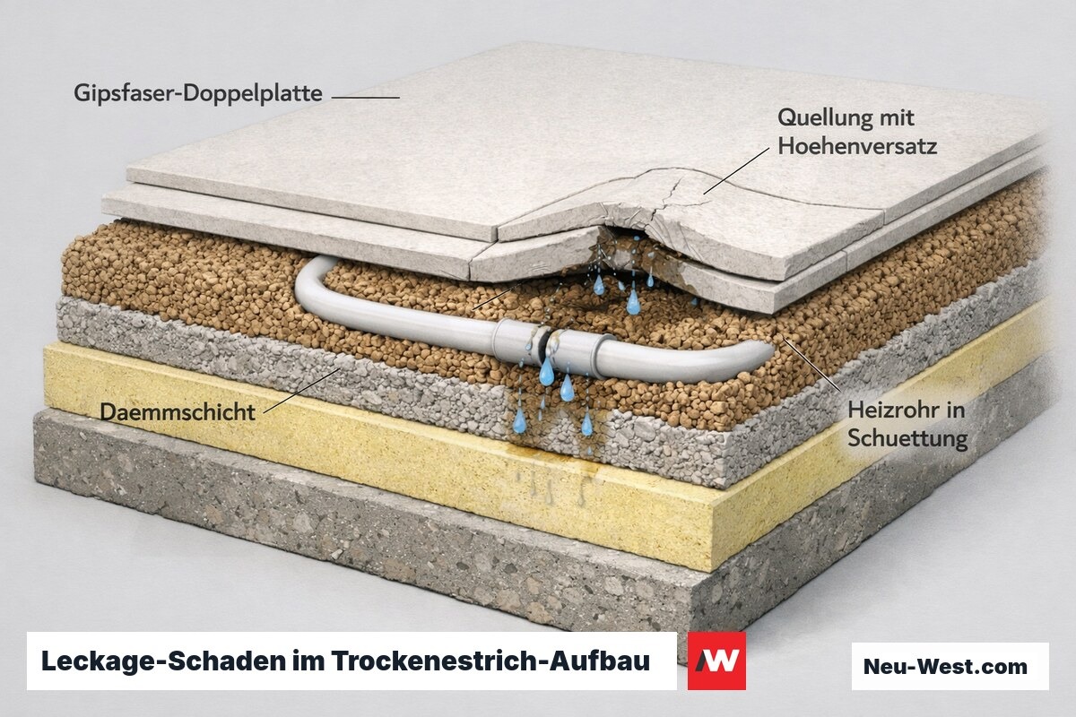 Querschnitt eines Fußbodenheizung-Trockenestrichs: Leckage am Heizrohr, gequollene Gipsfaserplatte mit Höhenversatz über Schüttung und Dämmung.