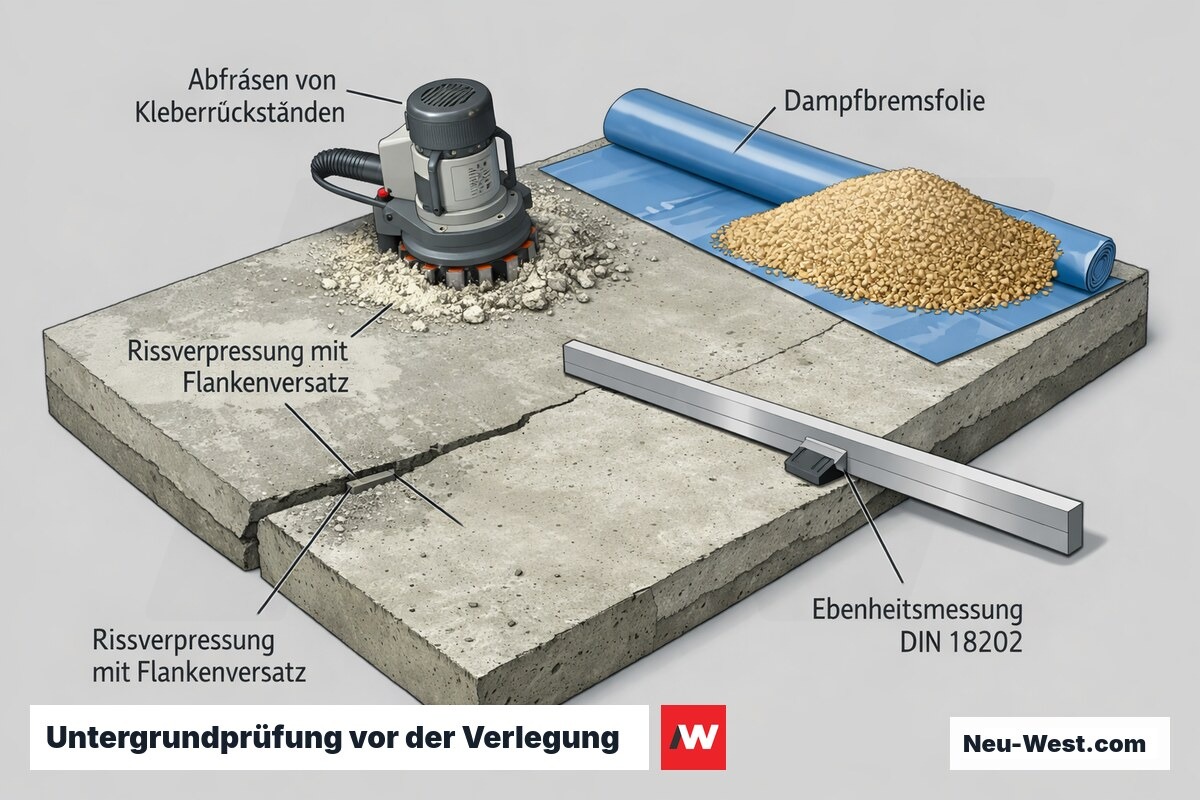 Querschnitt einer Untergrundprüfung: verpresster Riss mit Flankenversatz, Abfräsen von Kleberresten, Dampfbremsfolie und Ebenheitsmessung nach DIN 18202.