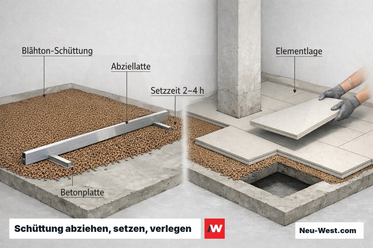 Cutaway einer Trockenestrich-Baustelle: abgezogene Blähton-Schüttung setzt sich, danach werden Elementplatten lagenweise um Stütze und Durchbruch verlegt.