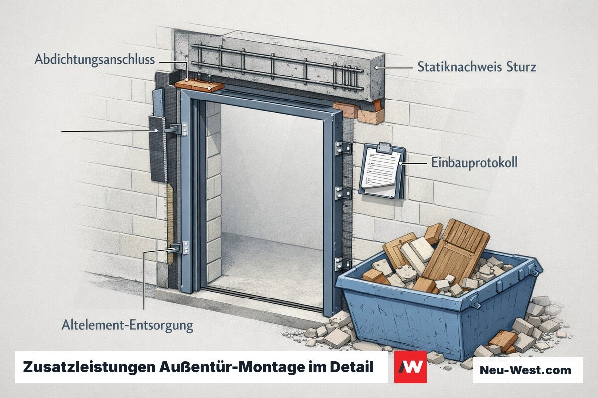Cutaway einer Außentür in der Gebäudehülle: Abdichtungsanschluss, Sturz-Statik, Einbauprotokoll und Entsorgung als separate Teilleistungen.