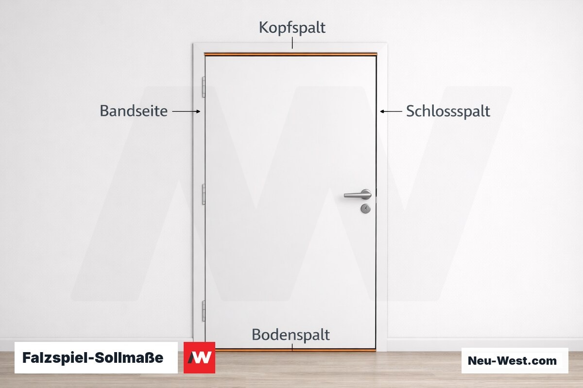 Falzspiel-Sollmaße: Spaltmaße und Abnahmetoleranzen – Erklär-Grafik (NEUWEST Berlin)
