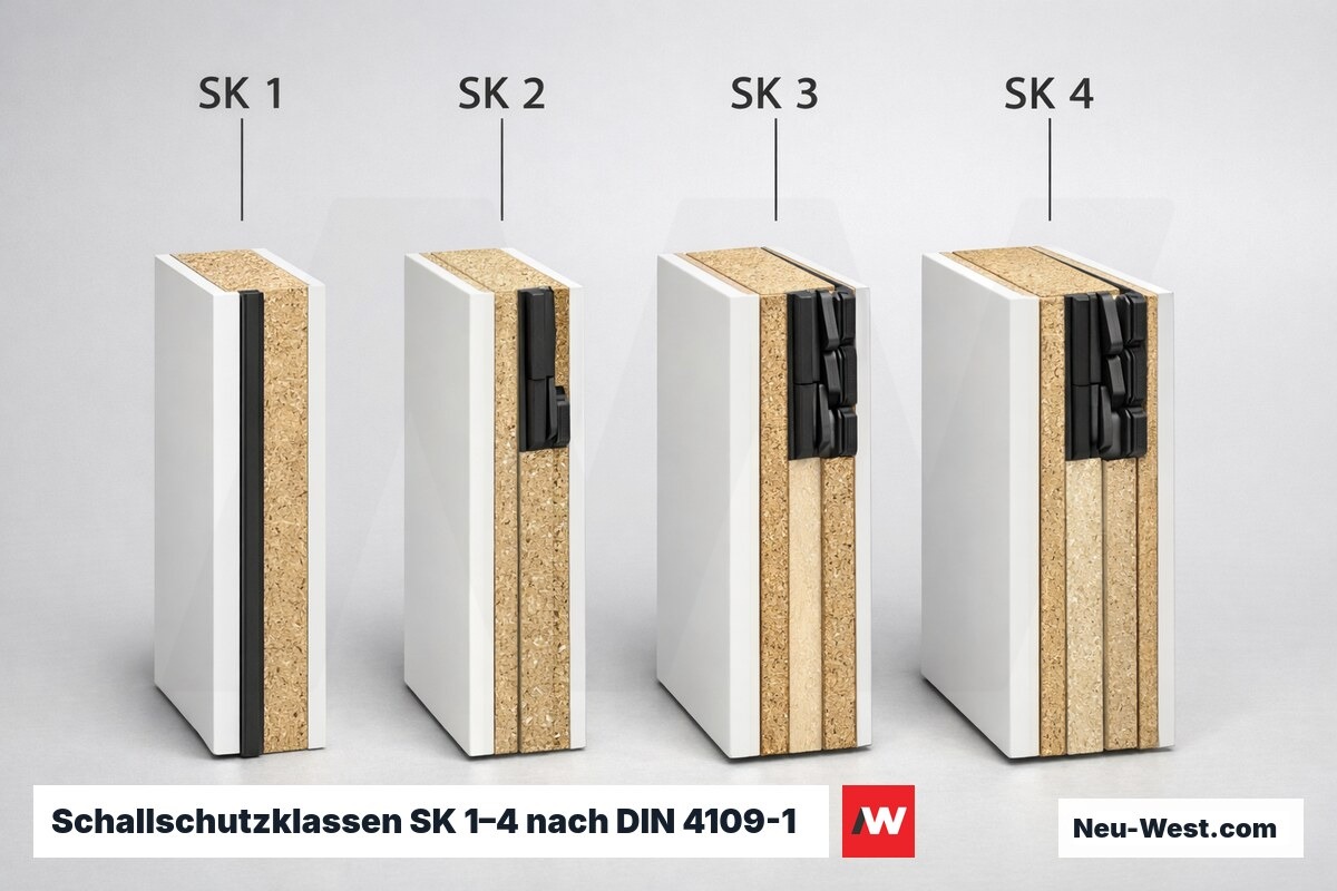 Schallschutzklassen SK 1–4 nach DIN 4109-1: Rw-Richtwerte und Einsatzbereiche – Erklär-Grafik (NEUWEST Berlin)