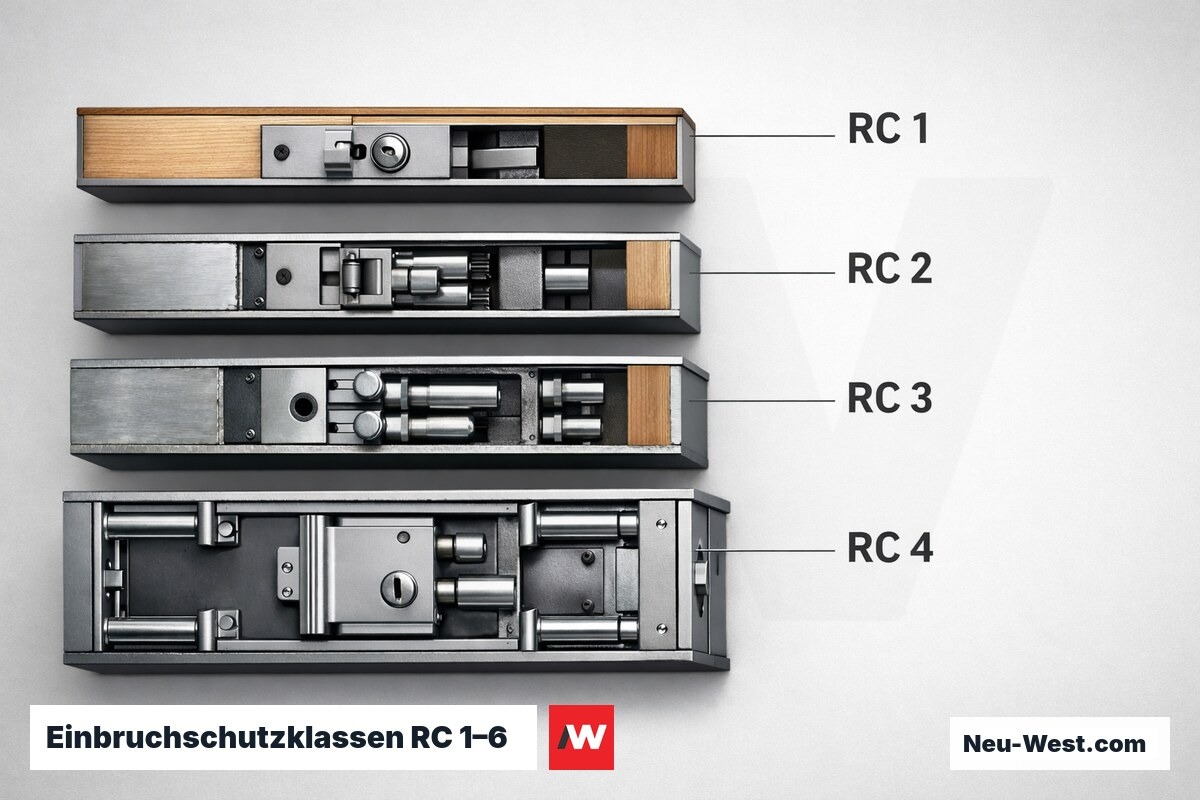 Einbruchschutzklassen RC 1–6 nach DIN EN 1627: Widerstandszeit und Angriffswerkzeuge – Erklär-Grafik (NEUWEST Berlin)