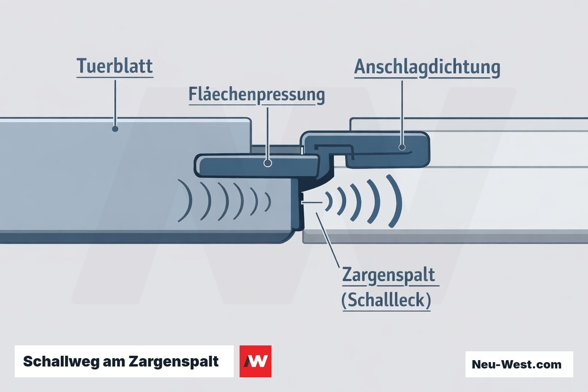 Querschnitt einer Schallschutztür am Anschlag: durchgehende Dichtung, Flächenpressung und ein Zargenspalt, durch den Schall entweicht.
