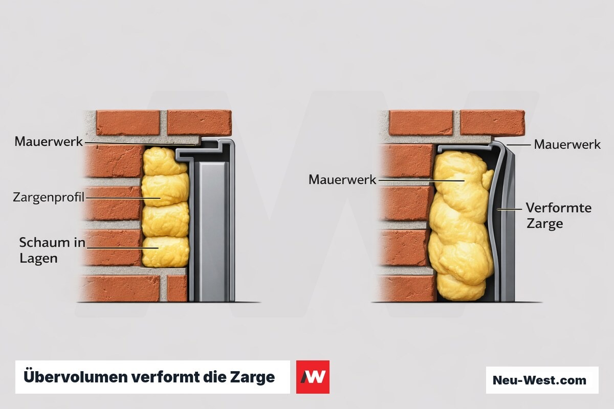 Querschnitt einer Türzarge im Mauerwerk: links Schaum in dünnen Lagen, rechts Überfüllung, die das Zargenprofil nach innen verbiegt.
