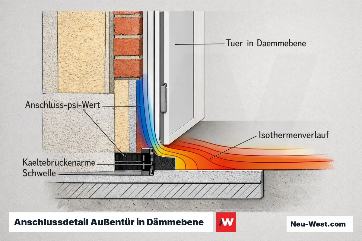 Querschnitt einer Außentür in der Dämmebene mit kältebrückenarmem Schwellenprofil, Isothermen und markiertem Anschluss-psi-Wert.