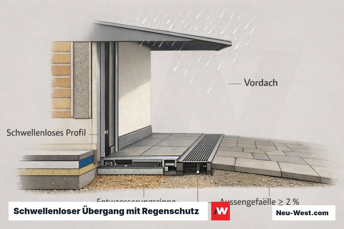 Querschnitt eines barrierefreien Türübergangs mit schwellenlosem Profil, Entwässerungsrinne, Außengefälle und schützendem Vordach gegen Schlagregen.