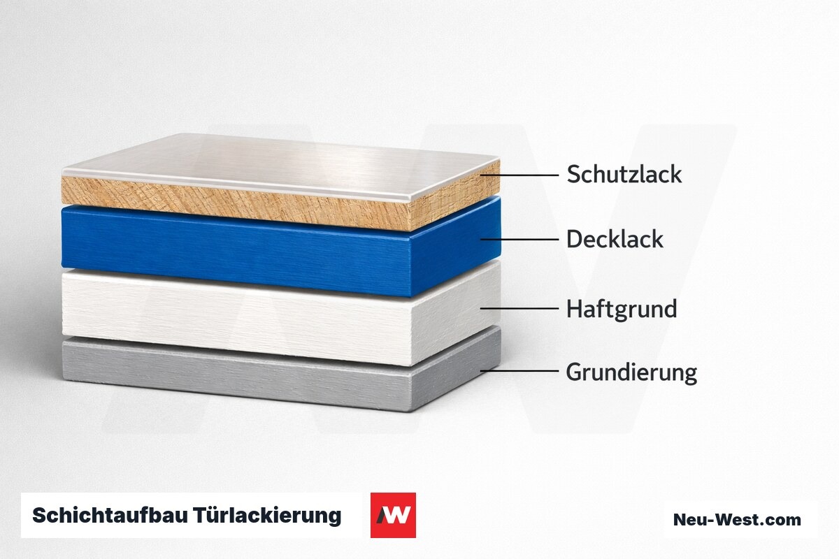 Schichtaufbau Türlackierung – Trockenfilmdicken je Lage – Erklär-Grafik (NEUWEST Berlin)