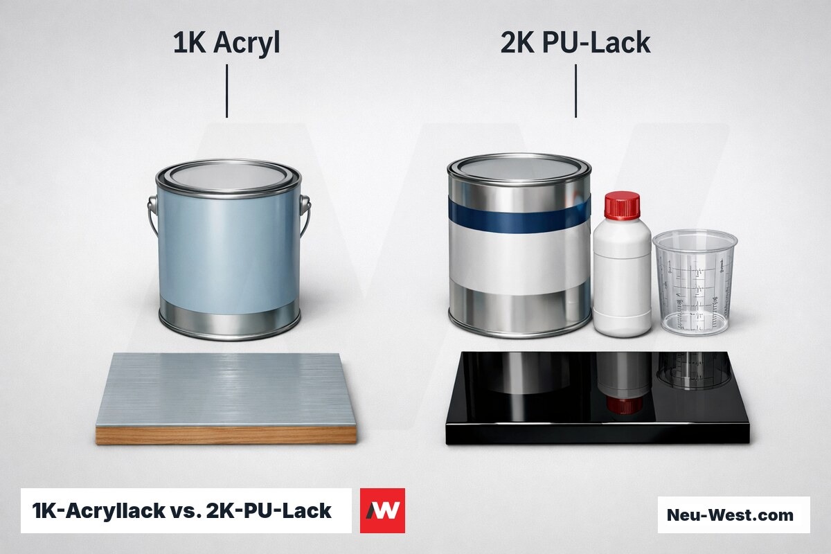 1K-Acryllack vs. 2K-PU-Lack – Direktvergleich – Erklär-Grafik (NEUWEST Berlin)