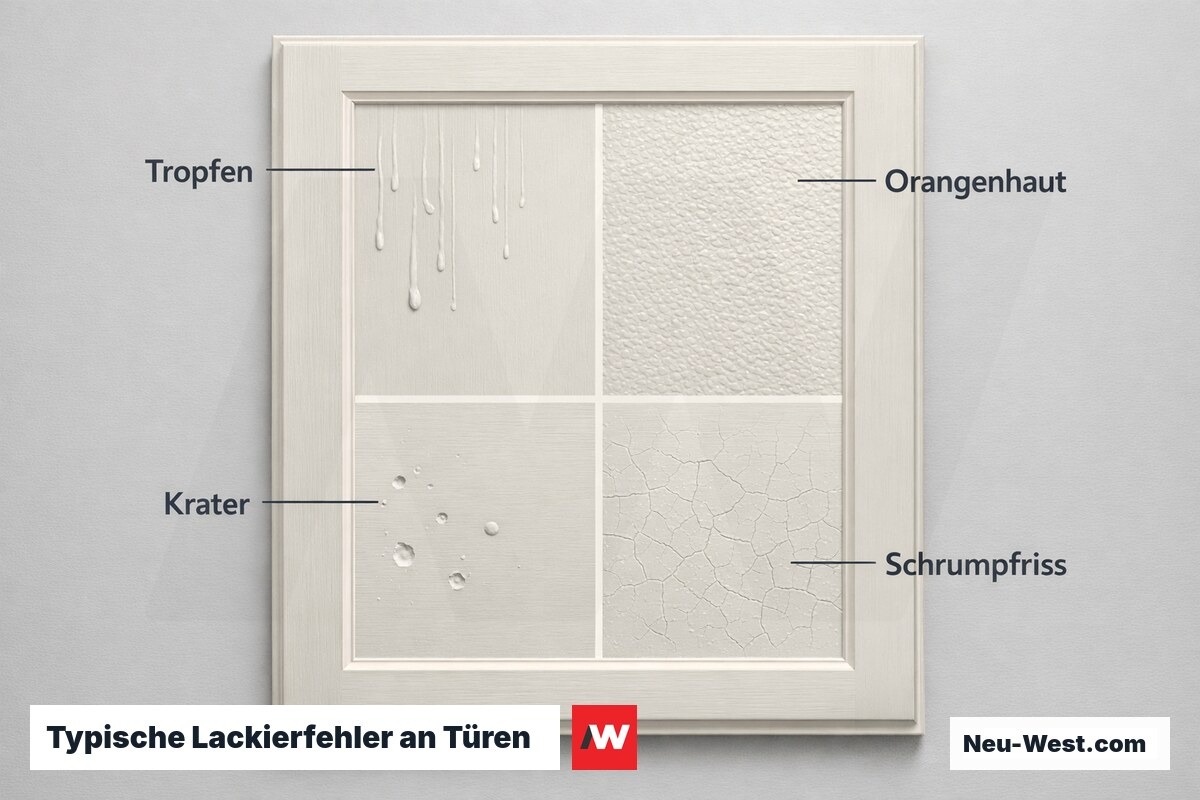 Typische Lackierfehler an Türen – Erscheinungsbild und Ursachen – Erklär-Grafik (NEUWEST Berlin)