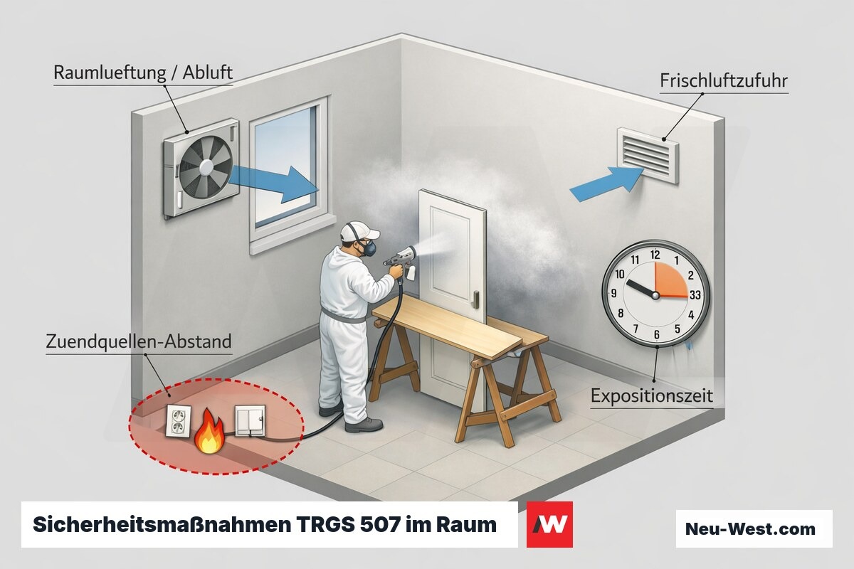 Raum-Querschnitt zeigt Lüftung, Frischluftzufuhr, Zündquellen-Abstand und Expositionszeit bei lösungsmittelhaltiger Türlackierung nach TRGS 507.
