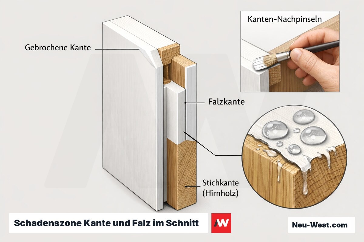 Querschnitt einer Türlackierung mit gebrochener Kante, Falzkante und Hirnholz-Stichkante, an der Feuchte die Beschichtung unterwandert.