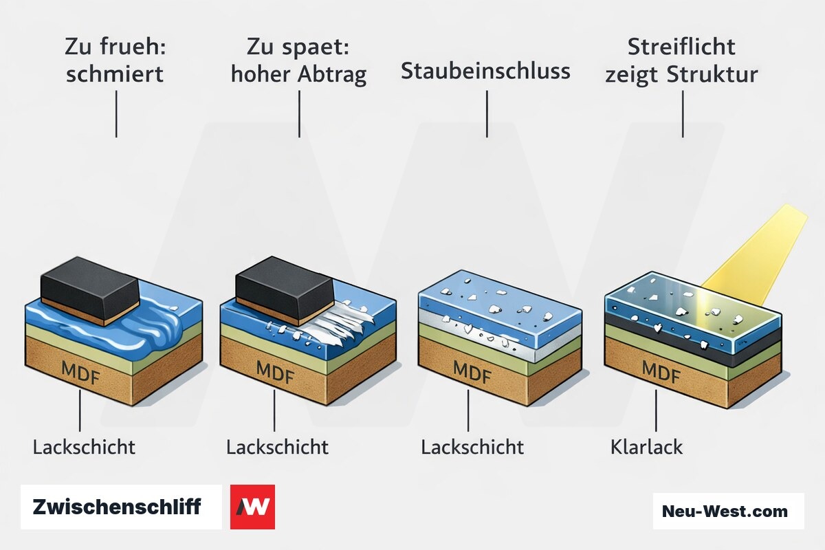 Cutaway-Sequenz zeigt Türlack-Zwischenschliff zu früh, zu spät und Staubeinschluss unter Schlusslack im Streiflicht.