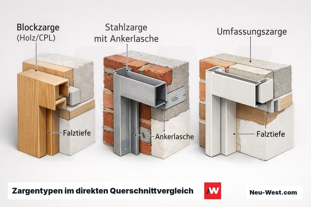 Technischer Querschnitt: Blockzarge, Stahlzarge und Umfassungszarge im Wandeinbau mit sichtbaren Verankerungsdetails, ca. 140 Zeichen