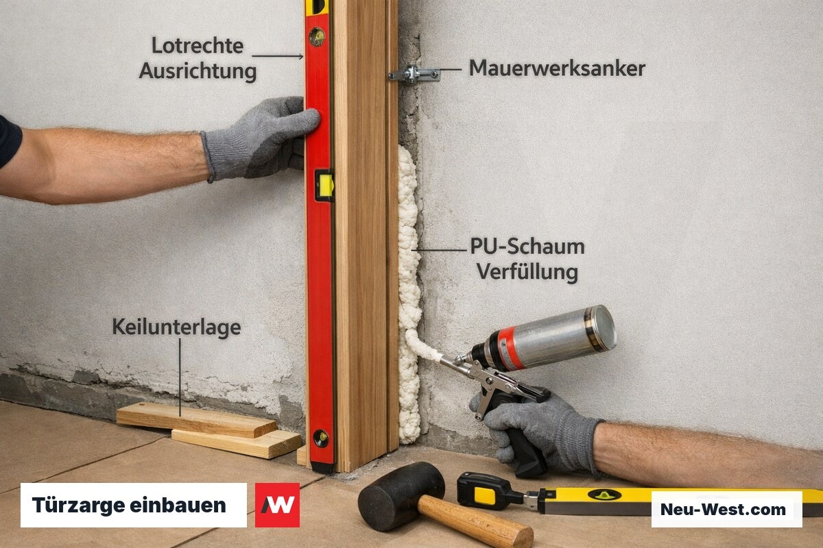 Handwerker richtet Holztürzarge mit Wasserwaage und Keilen lotrecht aus, PU-Schaum wird in den Wandspalt injiziert