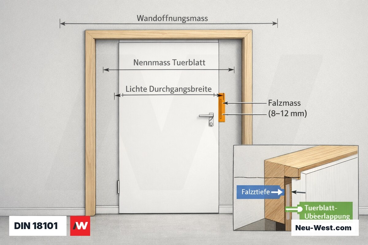 Maßdiagramm einer Innentür mit Nennmaß, lichter Breite und Falzmaß nach DIN 18101 und DIN 18040-1