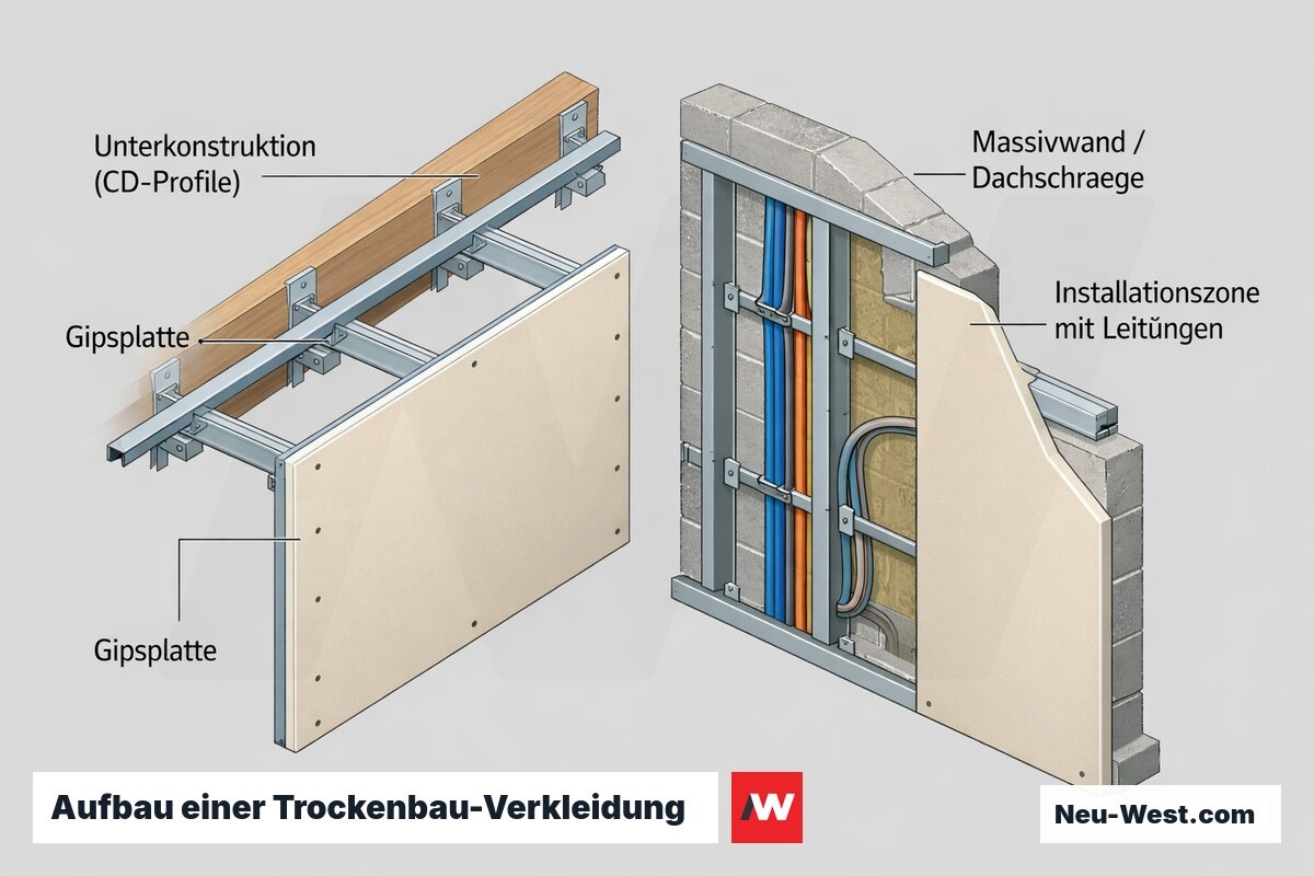 Querschnitt einer Trockenbau-Verkleidung mit Metall-Unterkonstruktion, Gipsplatte, Installationszone mit Leitungen vor Massivwand und Dachschräge.