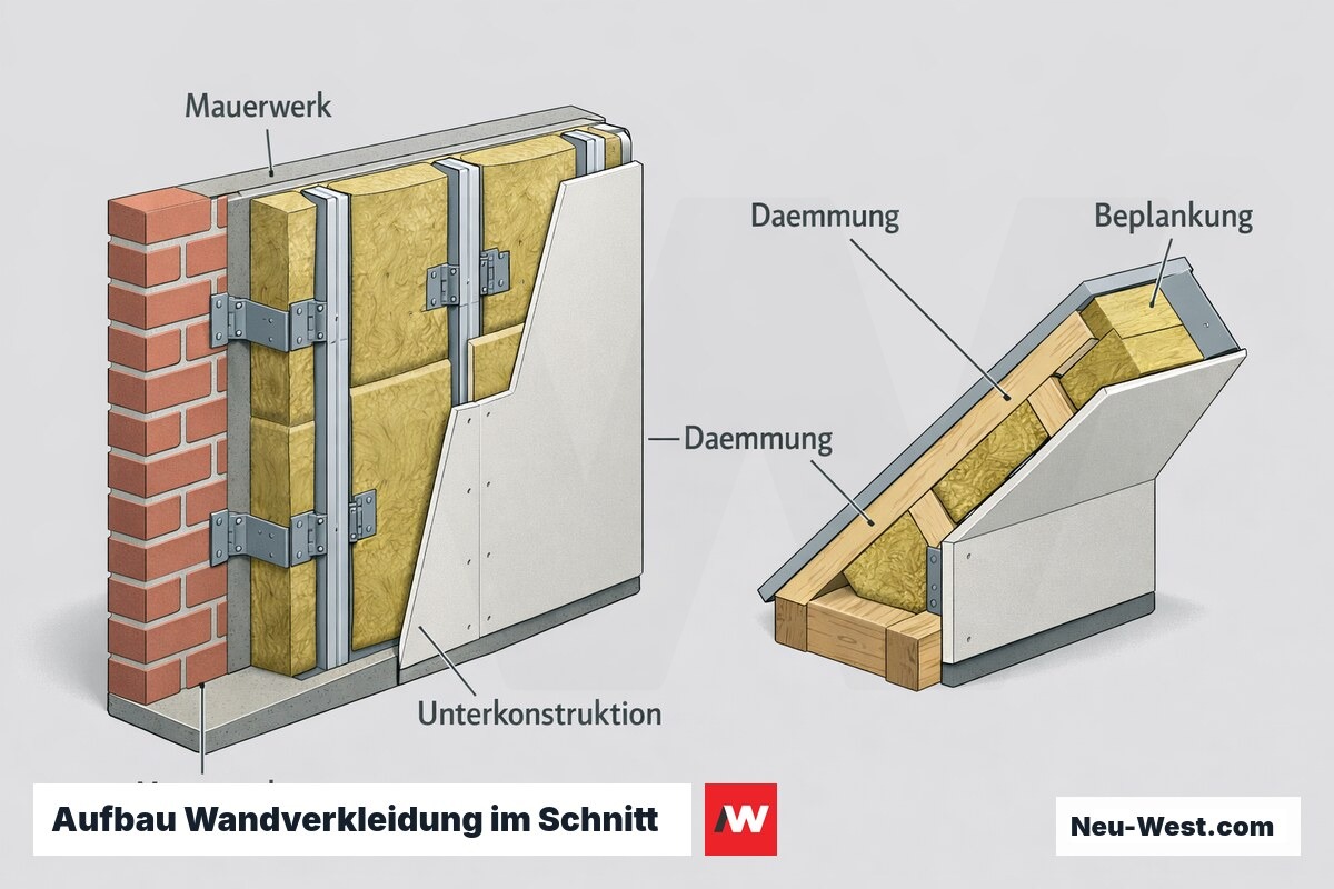 Schnittzeichnung einer Vorsatzschale mit Mauerwerk, Metall-Unterkonstruktion, Dämmung und Beplankung sowie Dachschrägen-Detail zur Kostenorientierung.