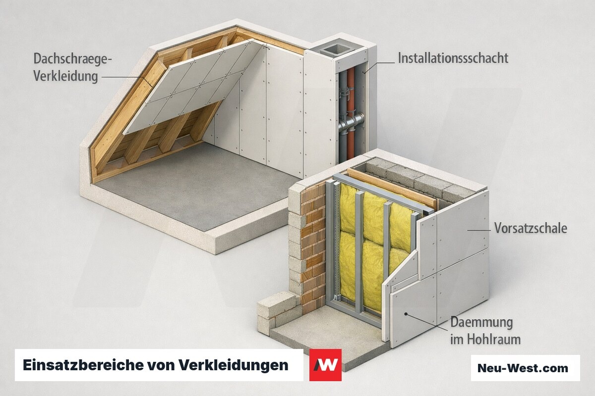 Isometrischer Schnitt zeigt Verkleidungen an Dachschräge, Installationsschacht und Vorsatzschale mit Dämmung im Hohlraum.