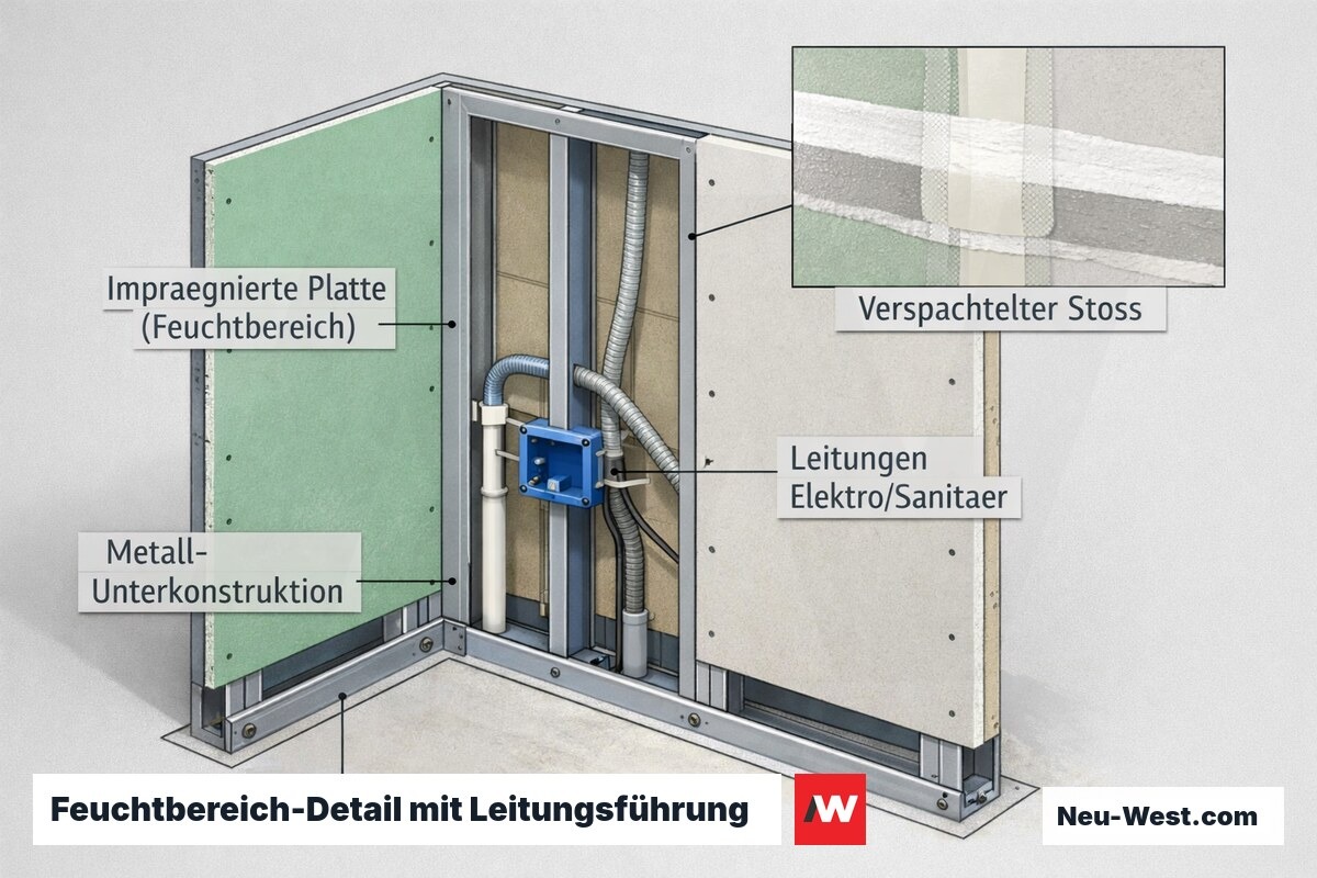 Cutaway einer Trockenbauwand im Feuchtbereich mit Metallständer, imprägnierter Platte, eingelegten Elektro- und Sanitärleitungen und verspachteltem Plattenstoß.