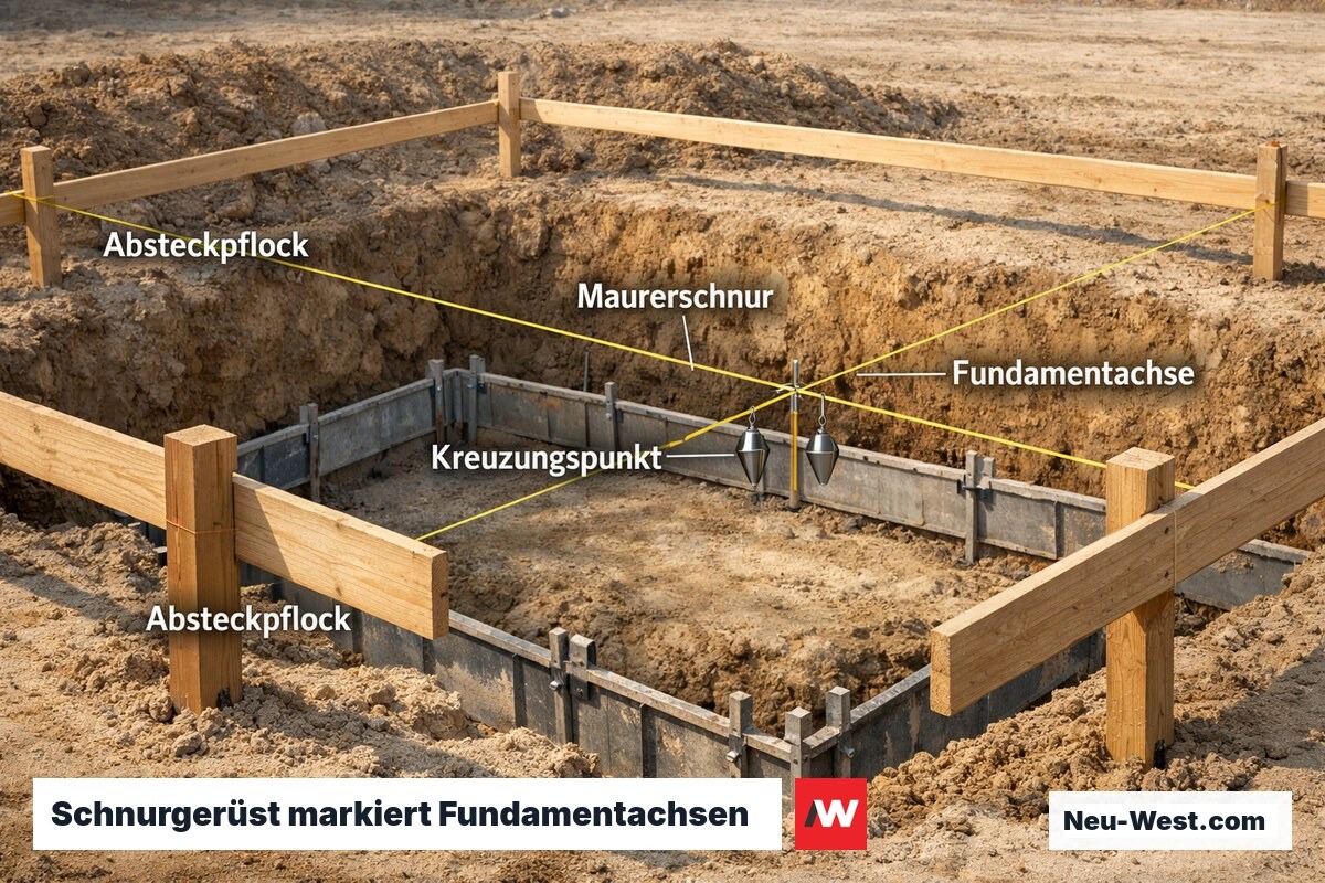 Schnurgerüst mit gespannten Maurerschnüren und Absteckpflöcken um eine Fundamentgrube, Kreuzungspunkte markieren Gebäudeecken