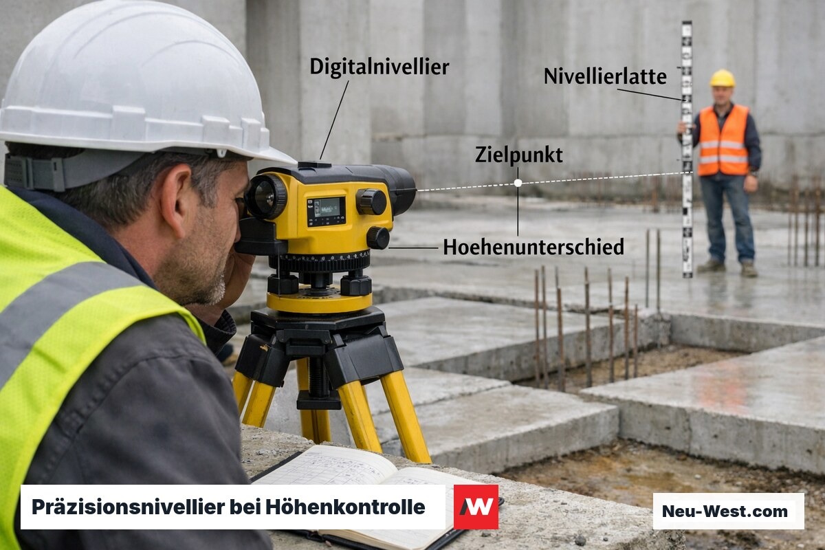 Vermesser am Digitalnivellier auf Stativ peilt Nivellierlatte an, Höhenkontrolle von Betonplatten auf Baustelle