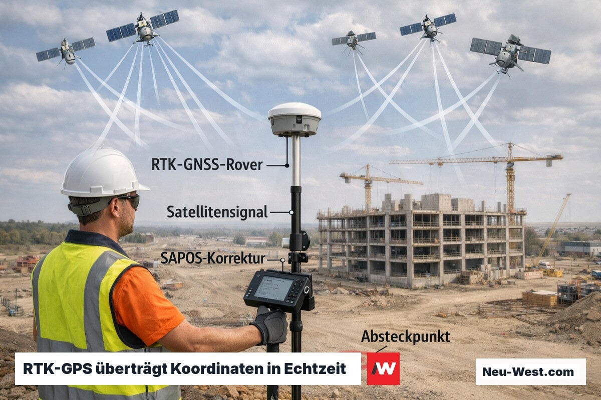 Vermesser mit RTK-GNSS-Rover auf Baustelle empfängt Satellitensignale und SAPOS-Korrekturdaten für zentimetergenaue Positionierung