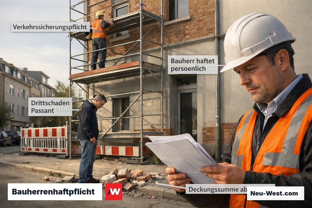 Sanierungsbaustelle mit Gerüst und Passant am Boden – Illustration zur Bauherrenhaftpflicht bei Drittschäden