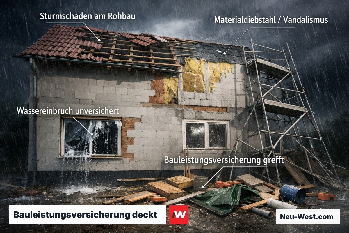 Sturmschaden an teilsaniertem Gebäude – offenes Dach, nasse Dämmmaterialien, zeigt abgedeckte Risiken der Bauleistungsversicherung