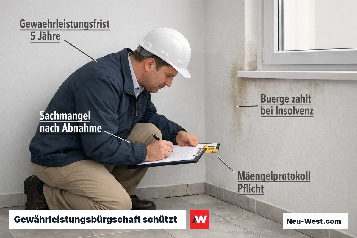 Bausachverständiger prüft Risse und Feuchtigkeitsschäden in sanierter Wohnung – Illustration zur Gewährleistungsbürgschaft