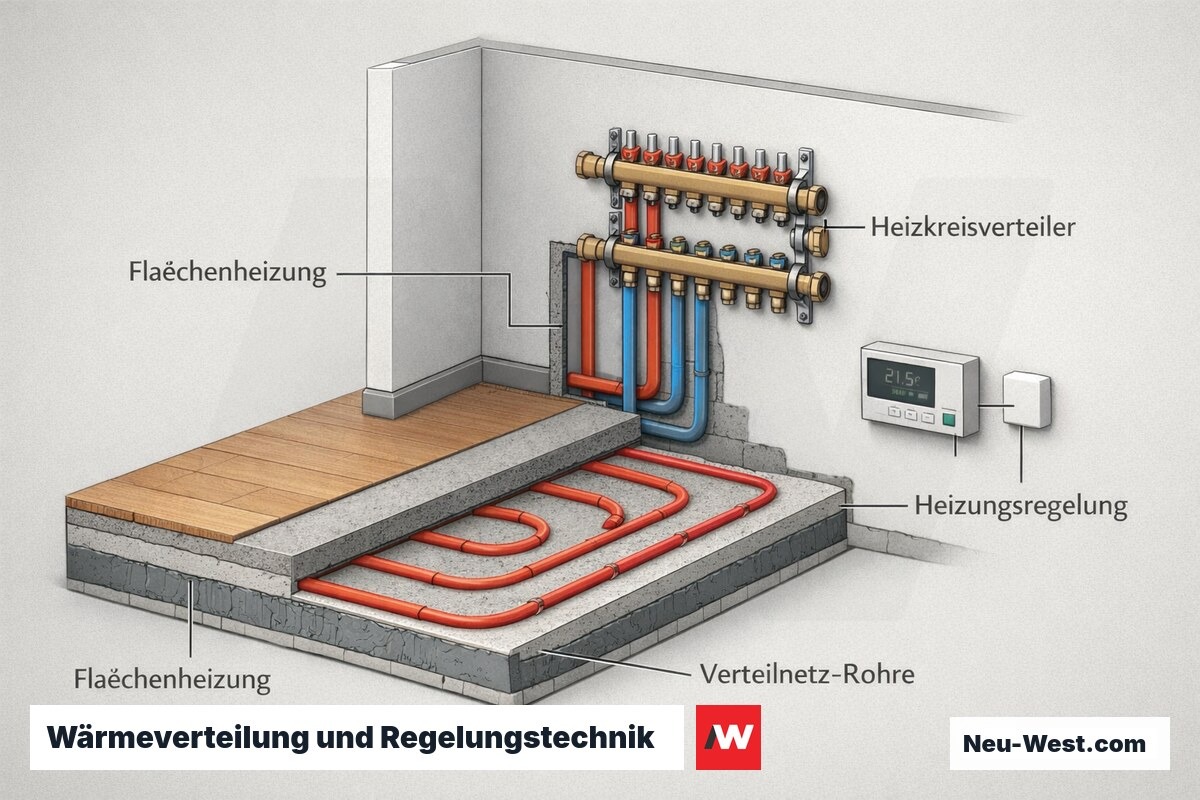 Querschnitt eines Raums mit Fußbodenheizung, Heizkreisverteiler, Verteilrohren und Regelungstechnik einer Heizungsanlage.