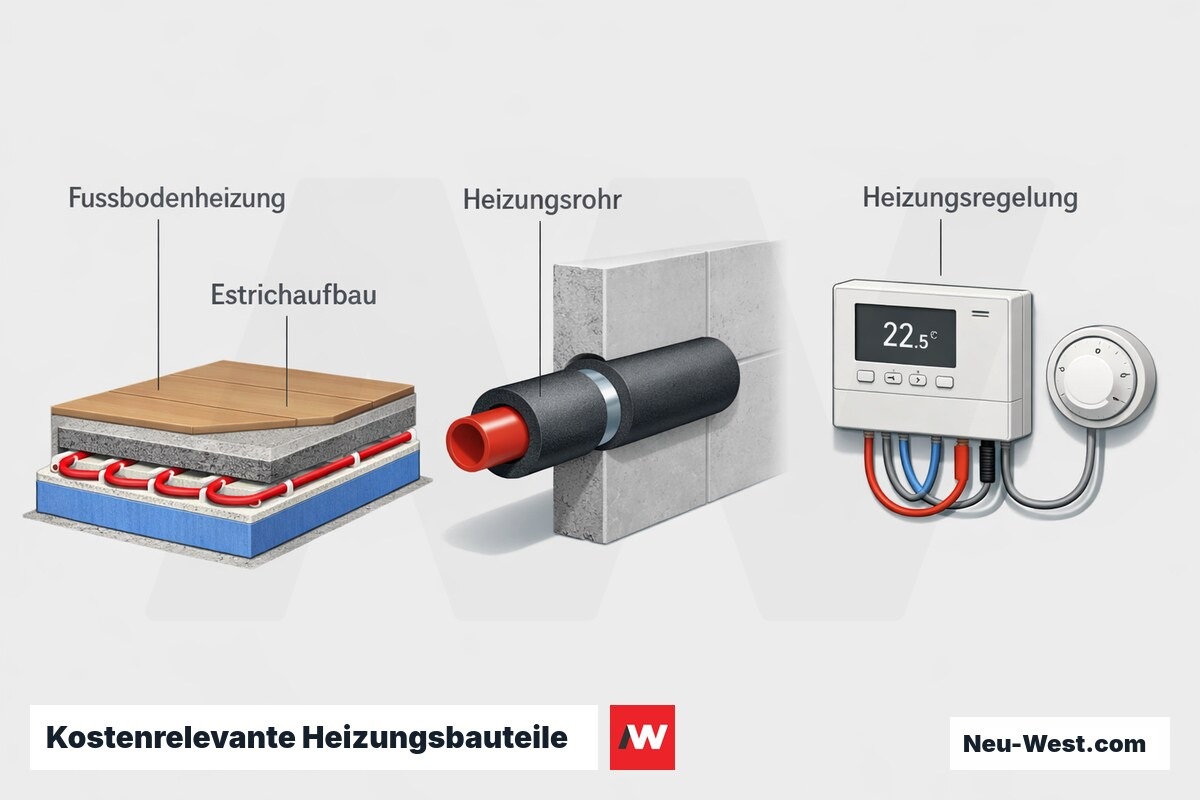 Querschnitt mit Fußbodenheizung im Estrichaufbau, verlegtem Heizungsrohr und wandmontierter Heizungsregelung als kostenbestimmende Bauteile.