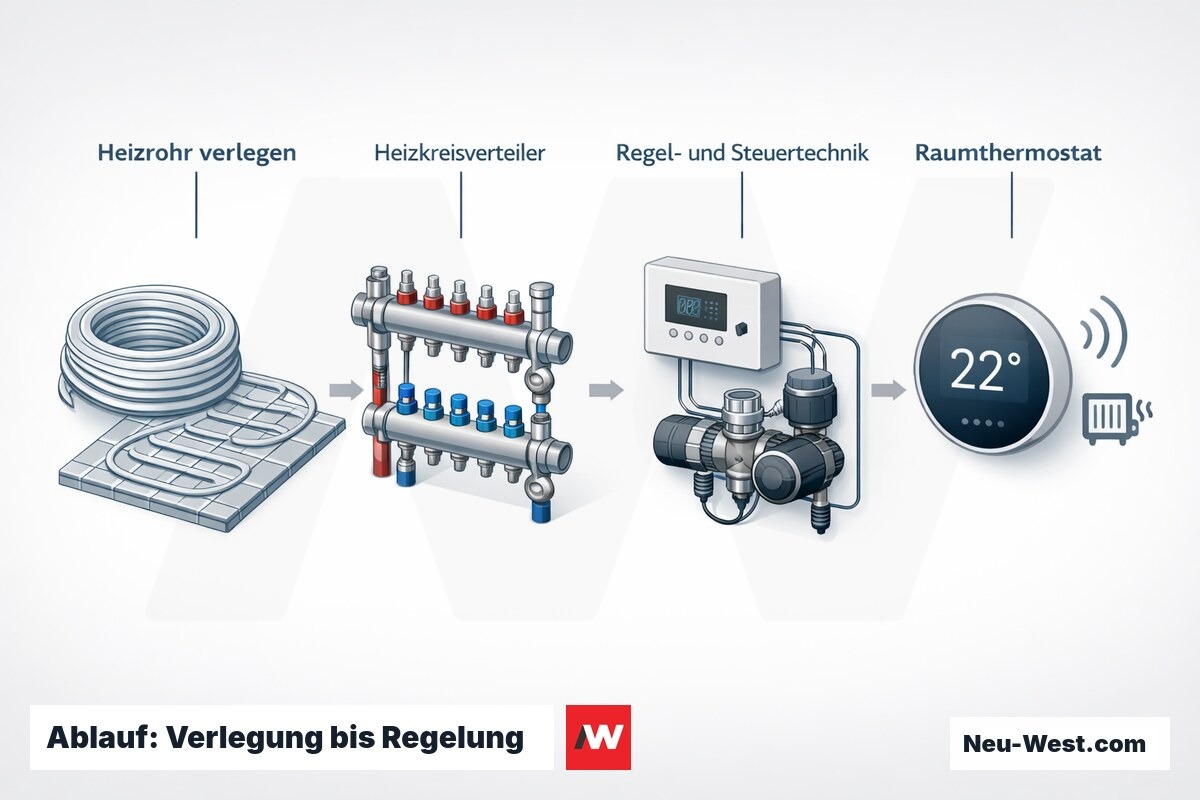 Prozess-Sequenz in vier Schritten: Heizrohr verlegen, Anschluss am Heizkreisverteiler, Regeltechnik mit Pumpe und Raumthermostat einer Heizungsverteilung.