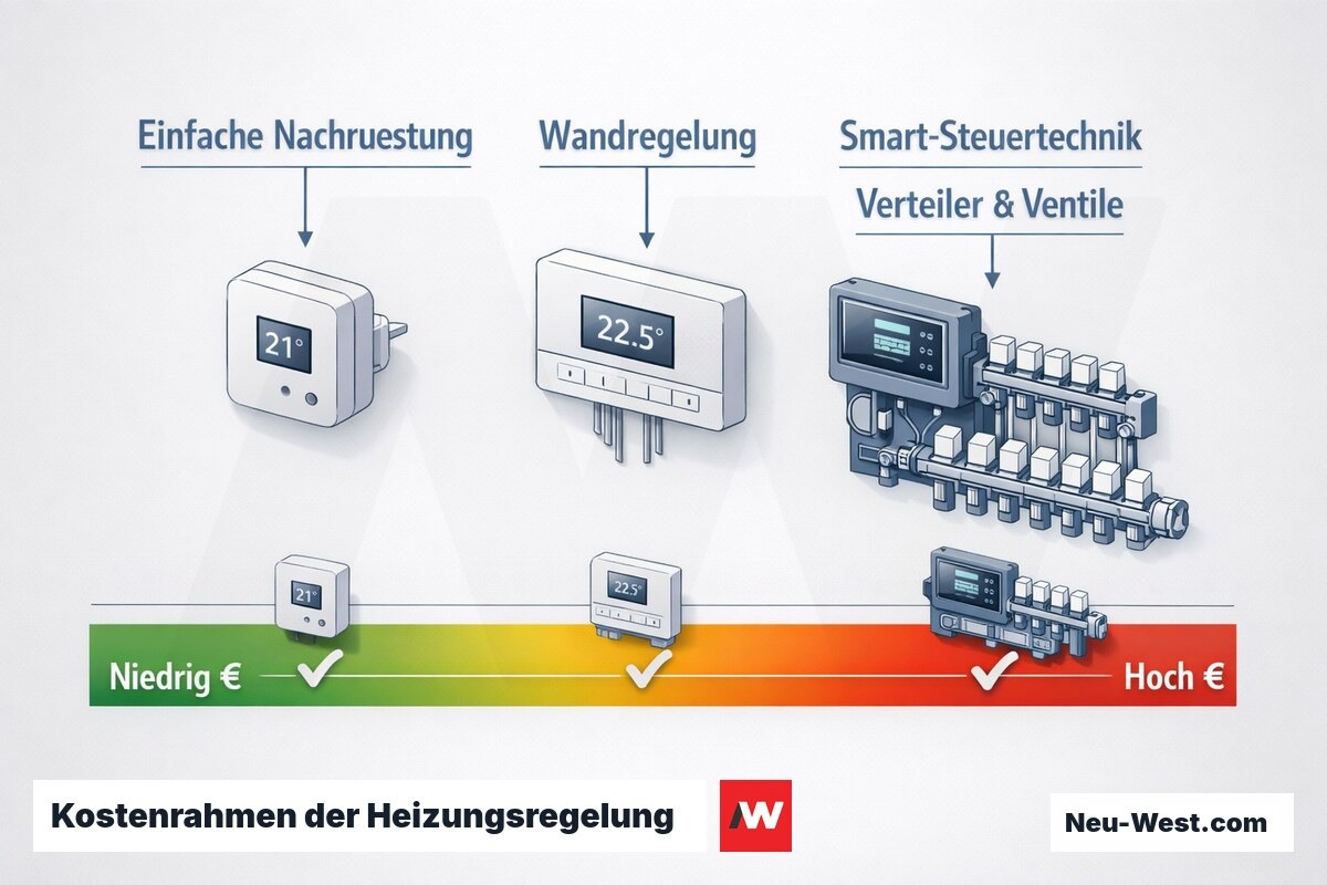 Diagramm einer Kostenskala für Heizungsregelungen von einfacher Thermostat-Nachrüstung über Wandregelung bis zur umfangreichen Smart-Steuertechnik mit Verteiler.