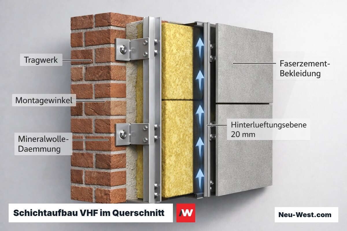 Querschnitt einer vorgehängten hinterlüfteten Fassade mit Dämmung, Luftspalt und Bekleidung, ca. 150 Zeichen