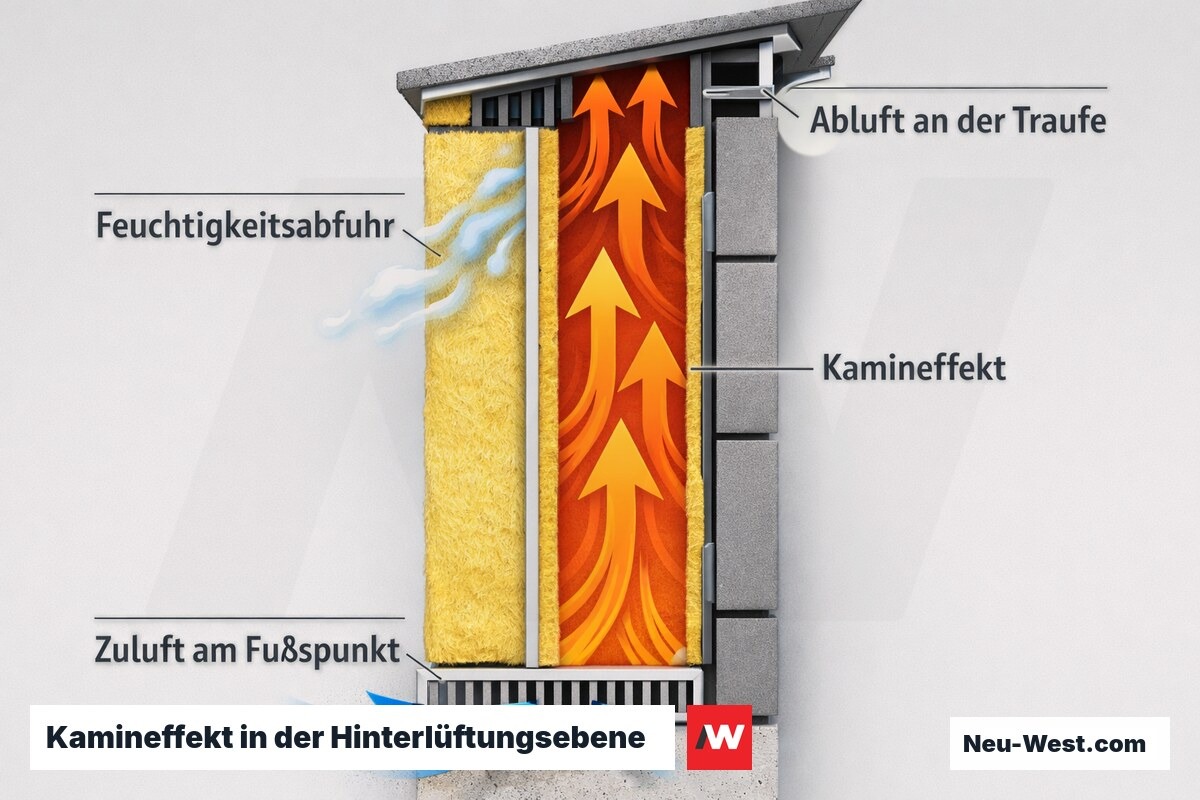 Natürlicher Luftstrom in der Hinterlüftungsebene transportiert Feuchtigkeit vom Fußpunkt zur Traufe ab