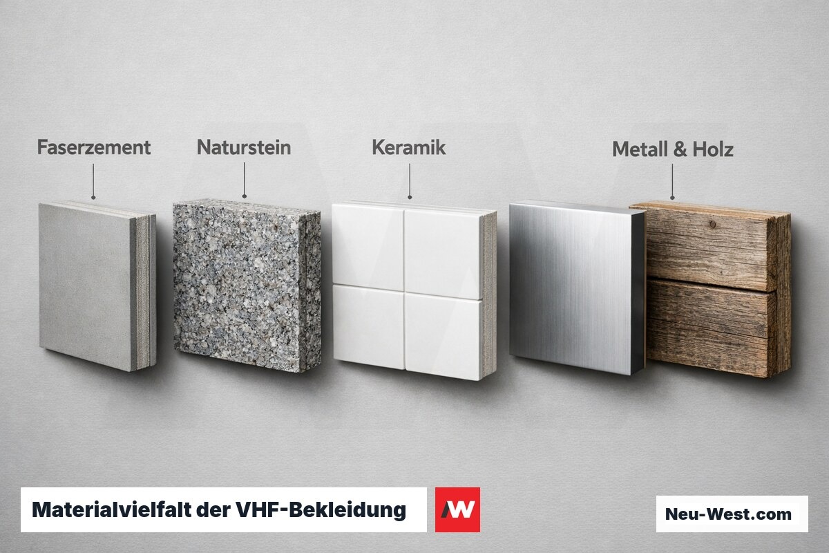 Verschiedene Fassadenbekleidungsmaterialien für VHF: Faserzement, Naturstein, Keramik und Metallpaneele im Vergleich