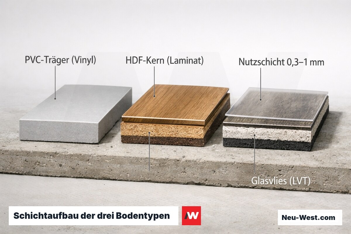 Querschnitt von Vinyl, Laminat und LVT-Designboden nebeneinander, sichtbare Schichtstruktur und Materialaufbau im Vergleich