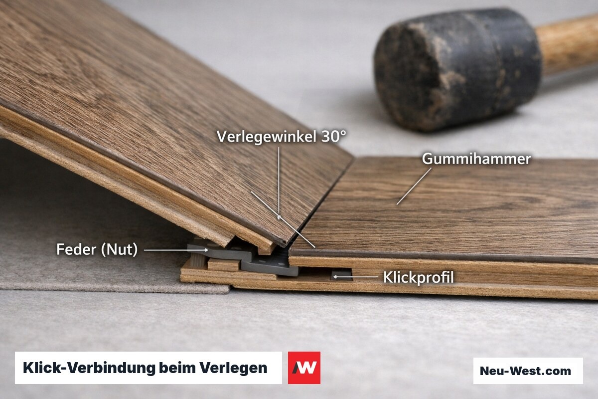 Makroaufnahme zweier Designbodendielen beim Einrasten der Klickverbindung, sichtbares Nut-und-Feder-Profil beim Verlegen